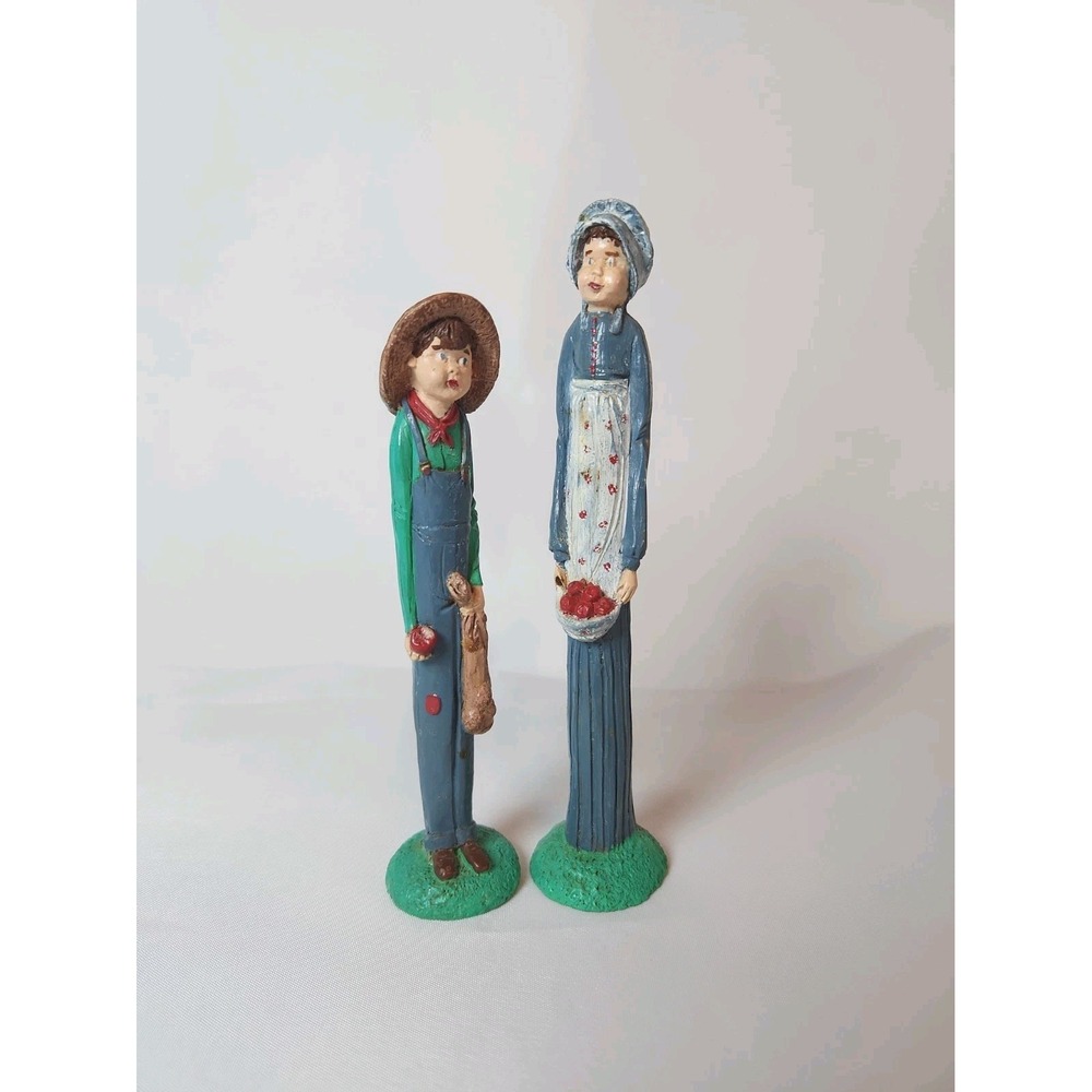 Vintage Hand Carved Mom & Son Pencil Figurines Apple Pickers Country Cottagecore